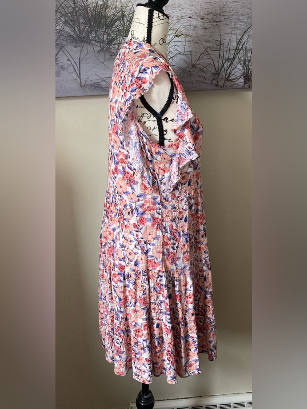 Knox Rose boho floral ruffled peach/blue mini babydoll dress, size medium - Picture 5 of 8